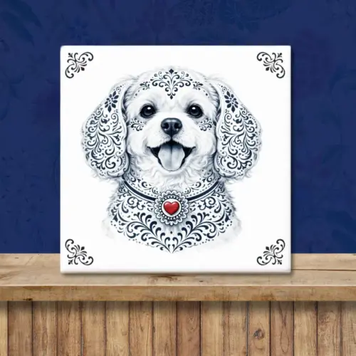 Sfeerafbeelding van een tegeltje met Maltezer hond in Zeeuwse stijl met rood hartje