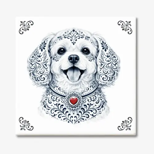 Tegeltje met Maltezer hond in Zeeuwse stijl met rood hartje