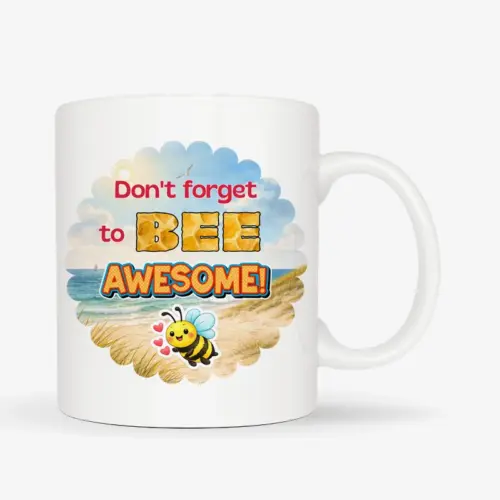 Mok met de tekst “Don’t forget to BEE awesome!” met schattige bij in strand thema