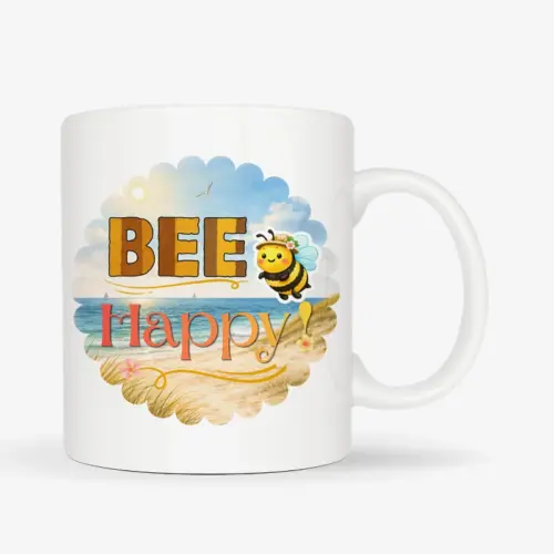 Mok met de tekst “BEE happy!” met schattige bij in strand thema