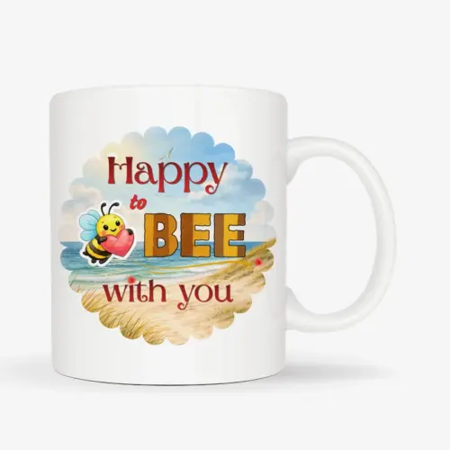 Mok met de tekst “Happy to BEE with you” met schattige bij in strand thema