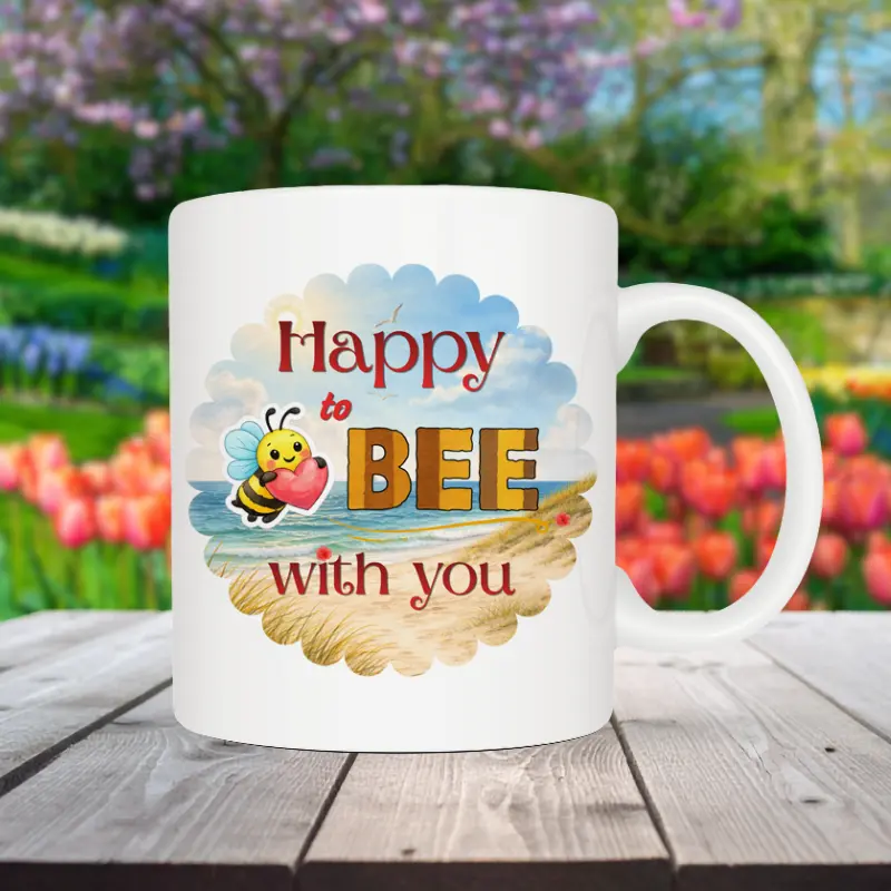 Mok “Happy to BEE with you” Mok met de tekst “Happy to BEE with you” met schattige bij in strand thema