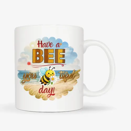 Mok met de tekst “Have a BEE you tiful day” met schattige bij in strand thema