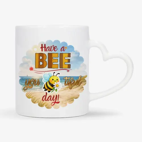 Mok met de tekst “Have a BEE you tiful day” met schattige bij in strand thema