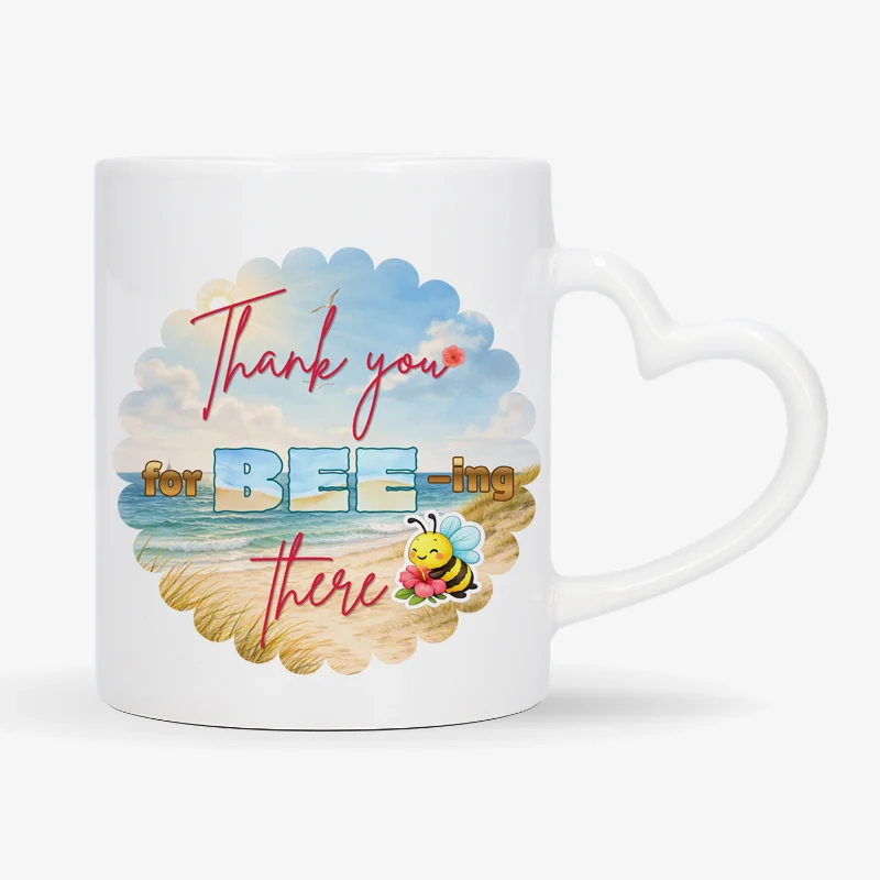 Mok “Thank you for BEE -ing there” met hartvormig oor Mok met de tekst “Thank you for BEE -ing there” met schattige bij in strand thema