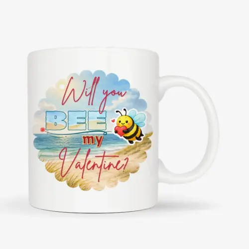 Mok met de tekst “Will you BEE my Valentine?” met schattige bij in strand thema
