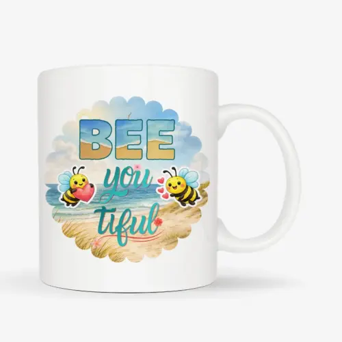 Mok met de tekst “BEE you tiful” met schattige bij in strand thema