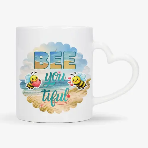 Mok met de tekst “BEE you tiful” met schattige bij in strand thema