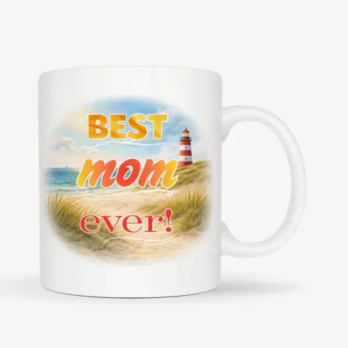 Mok met afbeelding van strand en vuurtoren met de tekst: Best mom ever!