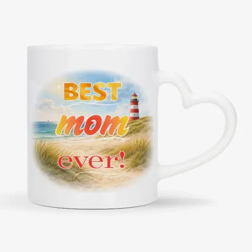 Mok met afbeelding van strand en vuurtoren met de tekst: Best mom ever!
