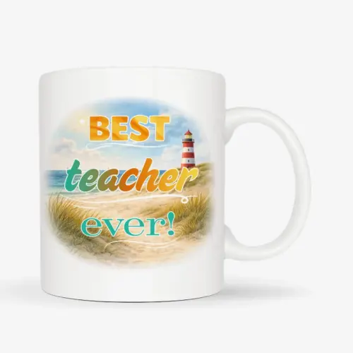 Mok met afbeelding van strand en vuurtoren met de tekst: Best teacher ever!