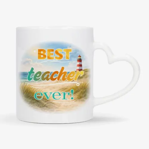 Mok met afbeelding van strand en vuurtoren met de tekst: Best teacher ever!