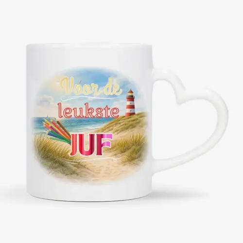 Mok met afbeelding van strand en vuurtoren met de tekst: Voor de leukste juf