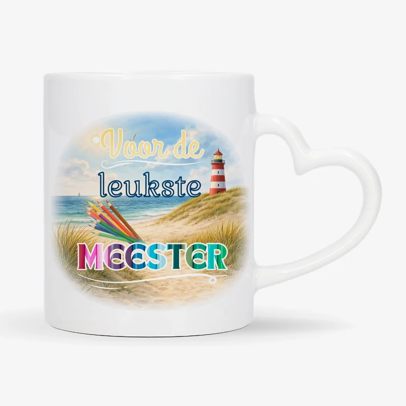 Mok Voor de leukste meester met hartvormig oor Mok met afbeelding van strand en vuurtoren met de tekst: Voor de leukste meester