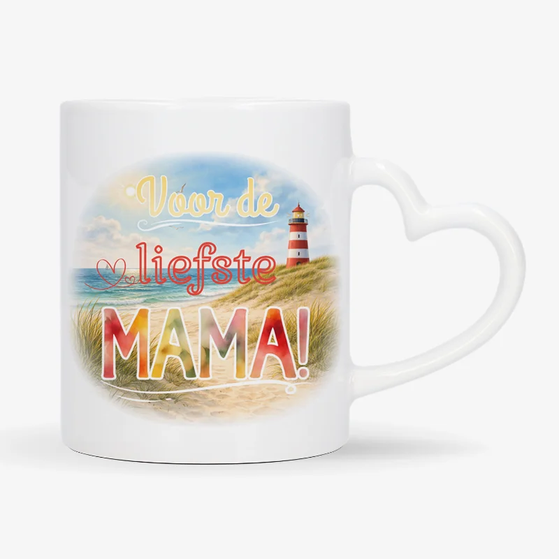 Mok Voor de liefste mama met hartvormig oor Mok met afbeelding van strand en vuurtoren met de tekst: Voor de liefste mama