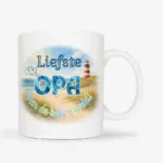 Mok met afbeelding van strand en vuurtoren met de tekst: Liefste opa van de hele wereld