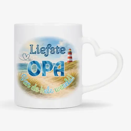Mok met afbeelding van strand en vuurtoren met de tekst: Liefste opa van de hele wereld