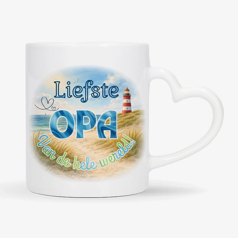 Mok Liefste opa van de hele wereld met hartvormig oor Mok met afbeelding van strand en vuurtoren met de tekst: Liefste opa van de hele wereld