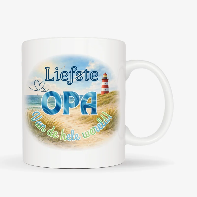 Mok Liefste opa van de hele wereld met standaard oor Mok met afbeelding van strand en vuurtoren met de tekst: Liefste opa van de hele wereld