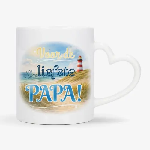 Mok met afbeelding van strand en vuurtoren met de tekst: Voor de liefste papa!