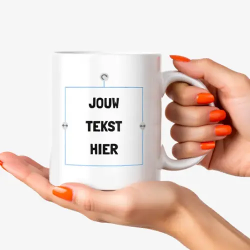 Voorbeeld van een mok dat je zelf kan ontwerpen met persoonlijke tekst