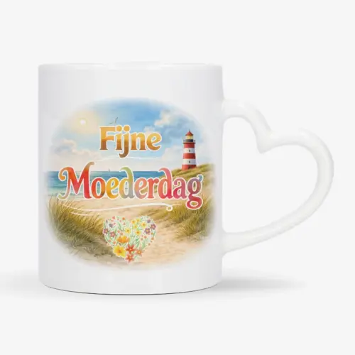 Mok met afbeelding van strand en vuurtoren met de tekst: Fijne Moederdag