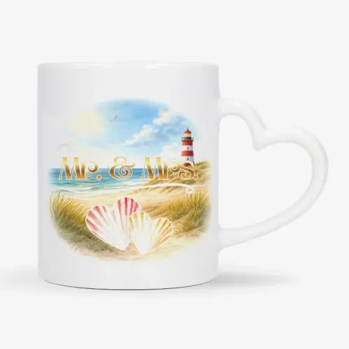 Mok met afbeelding van strand en vuurtoren met de tekst: Mr. & Mrs.