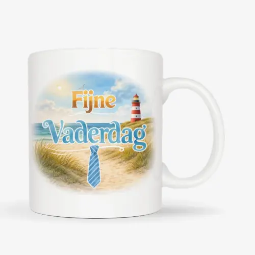 Mok met afbeelding van strand en vuurtoren met de tekst: Fijne Vaderdag