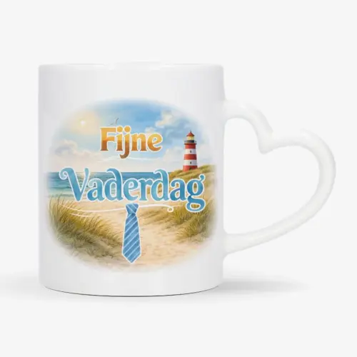 Mok met afbeelding van strand en vuurtoren met de tekst: Fijne Vaderdag