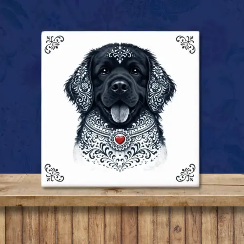 Sfeerafbeelding van een tegeltje met Newfoundlander hond in Zeeuwse stijl met rood hartje