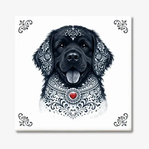 Tegeltje met Newfoundlander hond in Zeeuwse stijl met rood hartje