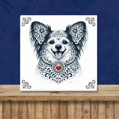 Sfeerafbeelding van een tegeltje met Papillon | Vlinderhondje in Zeeuwse stijl met rood hartje