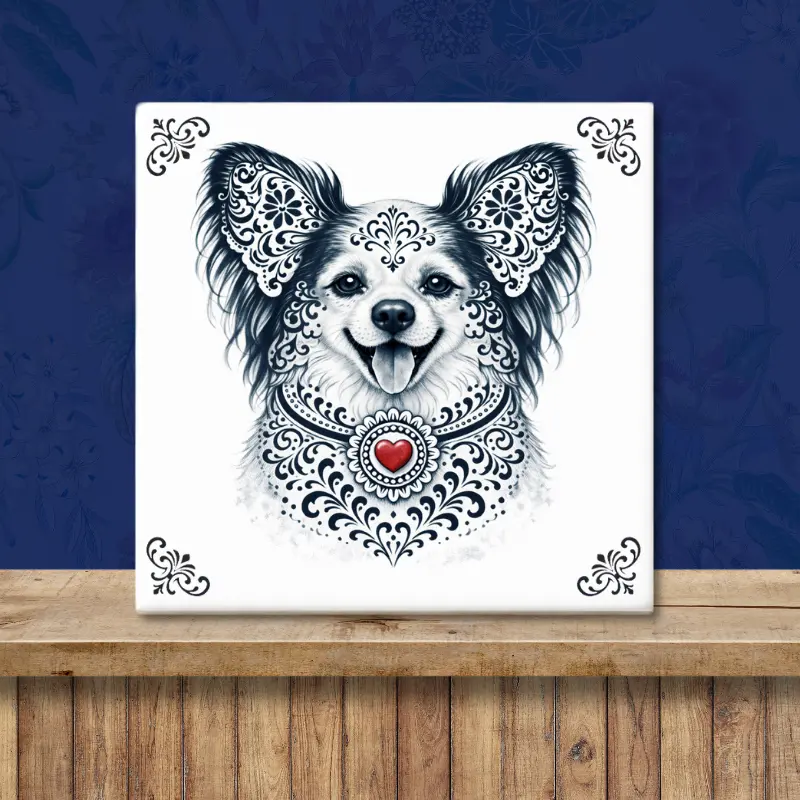 Papillon | Vlinderhondje Zeeuws honden tegeltje Sfeerafbeelding van een tegeltje met Papillon | Vlinderhondje in Zeeuwse stijl met rood hartje