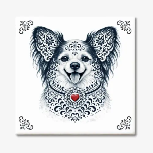 Tegeltje met Papillon | Vlinderhondje hond in Zeeuwse stijl met rood hartje