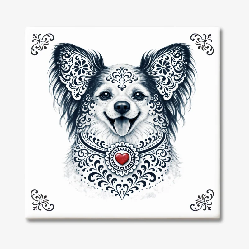 Papillon | Vlinderhondje Zeeuws honden tegeltje Tegeltje met Papillon | Vlinderhondje hond in Zeeuwse stijl met rood hartje