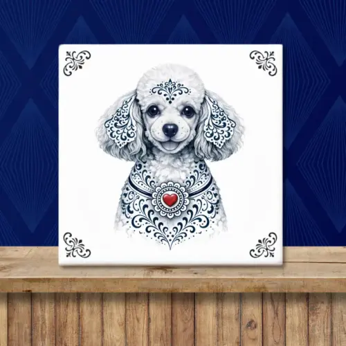 Sfeerafbeelding van een tegeltje met Poedel hond in Zeeuwse stijl met rood hartje