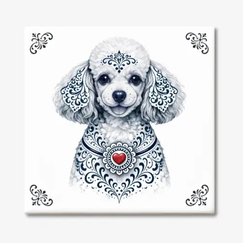 Tegeltje met poedel hond in Zeeuwse stijl met rood hartje