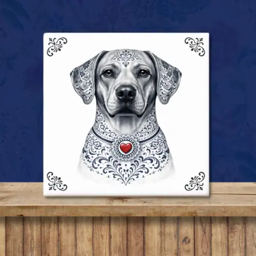 Sfeerafbeelding van een tegeltje met Rhodesian Ridgeback hond in Zeeuwse stijl met rood hartje