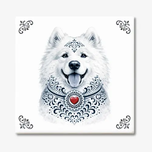 Tegeltje met Samojeed hond in Zeeuwse stijl met rood hartje