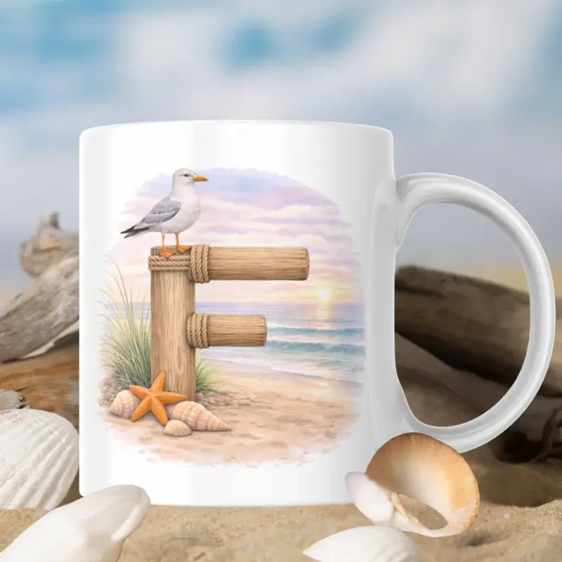 Mok met letter F | strand thema | standaard oor Sfeerafbeelding van een mok met afbeelding van strand thema; letter F van hout met op de letter een meeuw. De mok heeft een standaard oor.