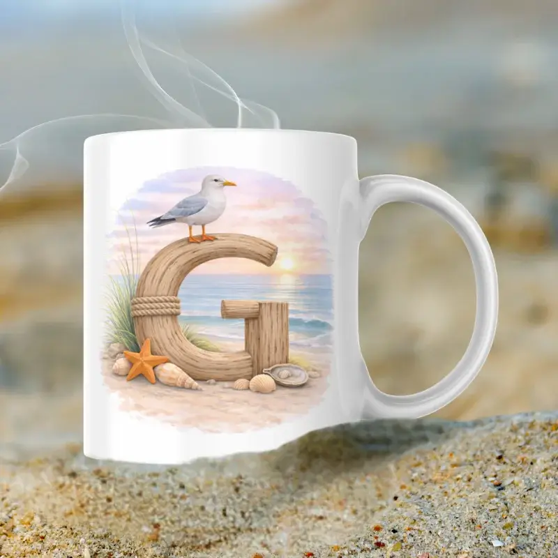 Mok met letter G | strand thema | standaard oor Sfeerafbeelding van een mok met afbeelding van strand thema; letter G van hout met op de letter een meeuw. De mok heeft een standaard oor.