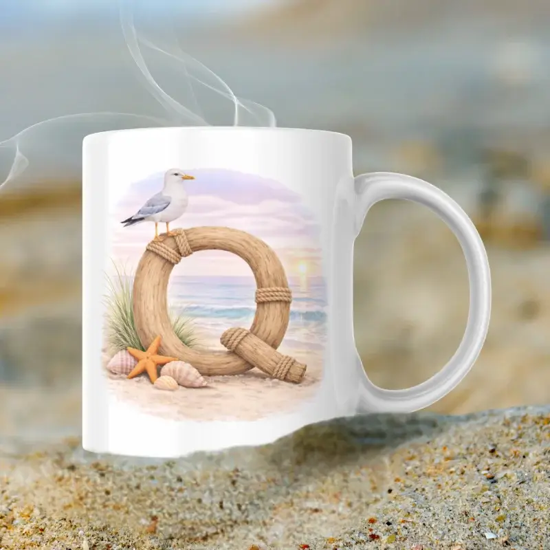 Mok met letter Q | strand thema | standaard oor Sfeerafbeelding van een mok met afbeelding van strand thema; letter Q van hout met op de letter een meeuw. De mok heeft een standaard oor.