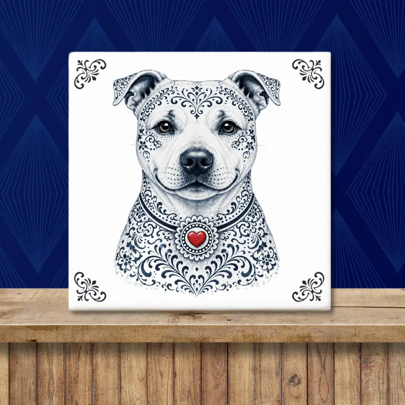 Staffordshire Bull Terrier Zeeuws honden tegeltje Sfeerafbeelding van een tegeltje met Staffordshire Bull Terrier in Zeeuwse stijl met rood hartje