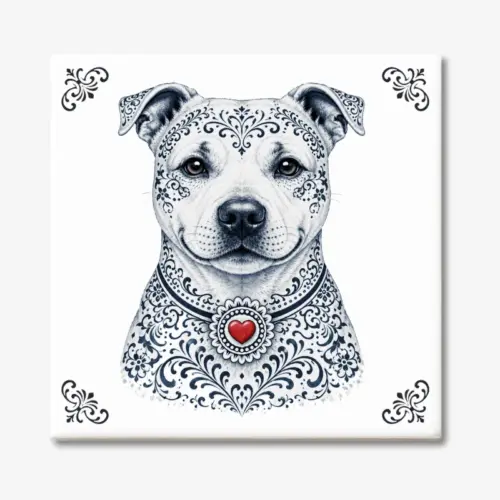 Tegeltje met Staffordshire Bull Terrier in Zeeuwse stijl met rood hartje