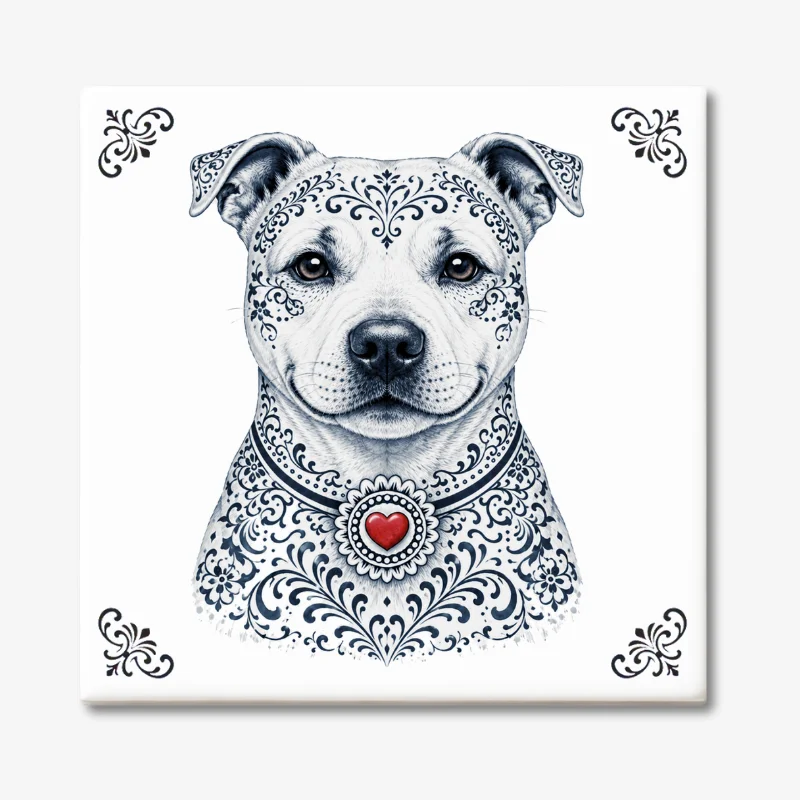 Staffordshire Bull Terrier Zeeuws honden tegeltje Tegeltje met Staffordshire Bull Terrier in Zeeuwse stijl met rood hartje