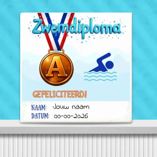 Sfeerafbeelding van een Cadeau tegeltje zwemdiploma A met medaille opdruk en letters gefeliciteerd gepersonaliseerd met naam en datum.