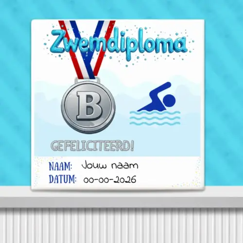 Sfeerafbeelding van een cadeau tegeltje zwemdiploma B met medaille opdruk en letters gefeliciteerd gepersonaliseerd met naam en datum.