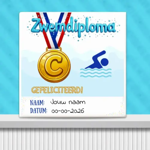 Sfeerafbeelding van een cadeau tegeltje zwemdiploma C met medaille opdruk en letters gefeliciteerd gepersonaliseerd met naam en datum.