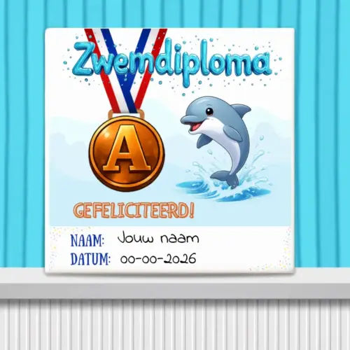 Sfeerafbeelding van een gepersonaliseerd zwemdiploma A tegeltje met dolfijn opdruk en tekst gefeliciteerd inclusief naam en afzwemdatum.