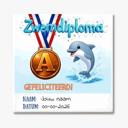 Gepersonaliseerd zwemdiploma A tegeltje met dolfijn opdruk en tekst gefeliciteerd inclusief naam en afzwemdatum.